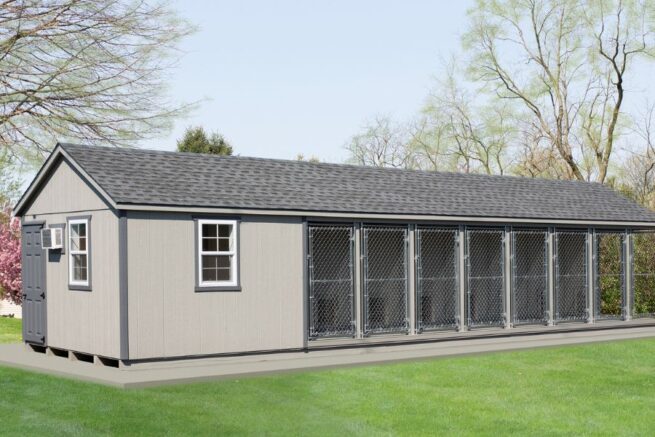 light gray dog kennels for sale in Montana with dark gray trim and 8 outdoor runs
